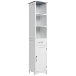 Kleankin Tall Linen Tower Bathroom Cabinet, 3 Tier Shelf with Cupboard & Drawer, Slim Side Freestanding Organizer, White - Aosom UK