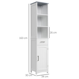 Kleankin Tall Linen Tower Bathroom Cabinet, 3 Tier Shelf with Cupboard & Drawer, Slim Side Freestanding Organizer, White - Aosom UK - thumbnail 3