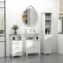 Kleankin Tall Linen Tower Bathroom Cabinet, 3 Tier Shelf with Cupboard & Drawer, Slim Side Freestanding Organizer, White - Aosom UK - thumbnail 9