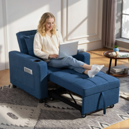 HOMCOM 3-in-1 Single Sofa Bed, Convertible Sleeper Chair Bed - Dark Blue - thumbnail 2
