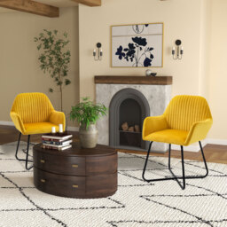 HOMCOM Modern Accent Chair, Velvet-Feel Fabric Upholstered Armchair with Metal Base for Living Room, Set of 2, Yellow - thumbnail 2