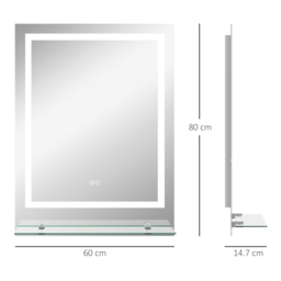 kleankin Illuminated Vanity Mirror: Smart LED Lighting, Anti-Fog, Shelving, 3 Colour Modes, 80x60cm - Aosom UK - thumbnail 3