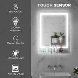 kleankin Illuminated Vanity Mirror: Smart LED Lighting, Anti-Fog, Shelving, 3 Colour Modes, 80x60cm - Aosom UK - thumbnail 4