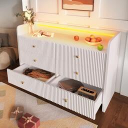 6-Drawer Sideboard with RGB LED Lighting, Fluted Design, Storage Cabinet for Bedroom, Living Room, Dining Room, 120L x 40W x 75H cm, White - Aosom.UK - thumbnail 9
