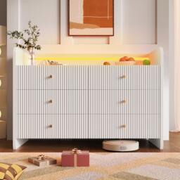 6-Drawer Sideboard with RGB LED Lighting, Fluted Design, Storage Cabinet for Bedroom, Living Room, Dining Room, 120L x 40W x 75H cm, White - Aosom.UK - thumbnail 8