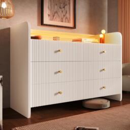 6-Drawer Sideboard with RGB LED Lighting, Fluted Design, Storage Cabinet for Bedroom, Living Room, Dining Room, 120L x 40W x 75H cm, White - Aosom.UK