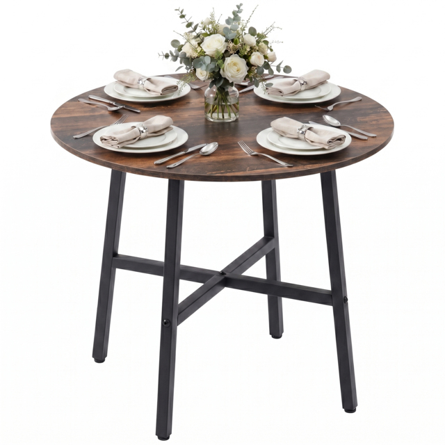 HOMCOM Round Kitchen with Steel Legs, Table Dining Room Table for 4 people, Industrial Style Kitchen Table, Rustic Brown - Aosom UK - image 1