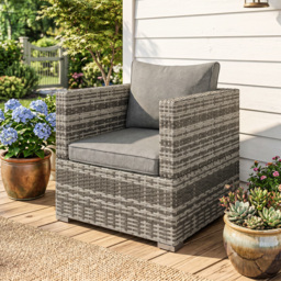 Outsunny Outdoor Patio Furniture Single Rattan Sofa Chair Padded Cushion All Weather for Garden Poolside Balcony Grey - thumbnail 2