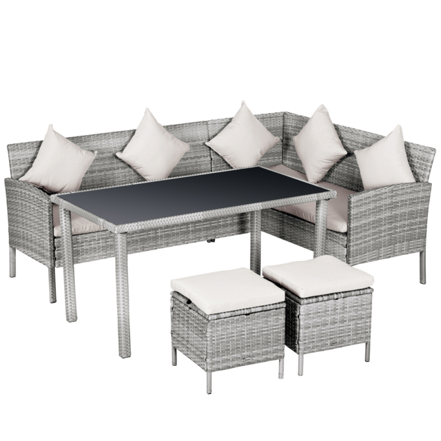 Outsunny 6-Seater Garden Outdoor Patio Rattan Corner Dining Set Wicker Sofa, Foot Stool, Dining Table with White Cushions, Mixed Grey - Aosom UK - image 1
