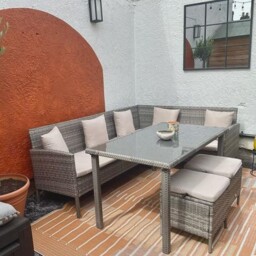 Outsunny 6-Seater Garden Outdoor Patio Rattan Corner Dining Set Wicker Sofa, Foot Stool, Dining Table with White Cushions, Mixed Grey - Aosom UK - thumbnail 8