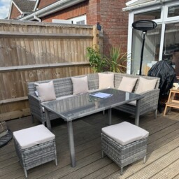 Outsunny 6-Seater Garden Outdoor Patio Rattan Corner Dining Set Wicker Sofa, Foot Stool, Dining Table with White Cushions, Mixed Grey - Aosom UK - thumbnail 9