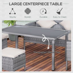 Outsunny 6-Seater Garden Outdoor Patio Rattan Corner Dining Set Wicker Sofa, Foot Stool, Dining Table with White Cushions, Mixed Grey - Aosom UK - thumbnail 7