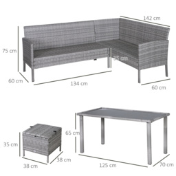 Outsunny 6-Seater Garden Outdoor Patio Rattan Corner Dining Set Wicker Sofa, Foot Stool, Dining Table with White Cushions, Mixed Grey - Aosom UK - thumbnail 3
