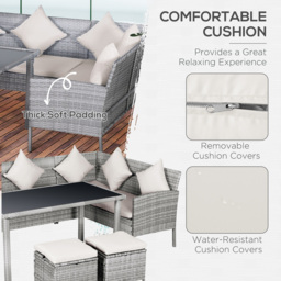Outsunny 6-Seater Garden Outdoor Patio Rattan Corner Dining Set Wicker Sofa, Foot Stool, Dining Table with White Cushions, Mixed Grey - Aosom UK - thumbnail 5