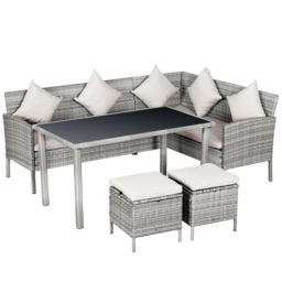 Outsunny 6-Seater Garden Outdoor Patio Rattan Corner Dining Set Wicker Sofa, Foot Stool, Dining Table with White Cushions, Mixed Grey - Aosom UK