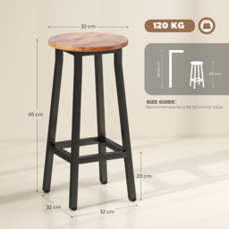 HOMCOM Bar Stools Set of 2 Breakfast Bar Stools with Footrest, Industrial Round, 32 x 32 x 65 cm, Rustic Brown - thumbnail 3