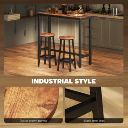HOMCOM Bar Stools Set of 2 Breakfast Bar Stools with Footrest, Industrial Round, 32 x 32 x 65 cm, Rustic Brown - thumbnail 6