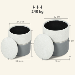 HOMCOM Nesting Round Ottoman with Storage Set of 2 - Cream/Grey - thumbnail 3