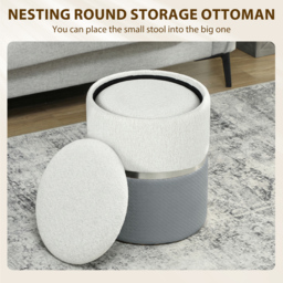 HOMCOM Nesting Round Ottoman with Storage Set of 2 - Cream/Grey - thumbnail 4