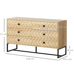 HOMCOM 6 Drawer Chest Sideboard Cabinet Storage Unit Hallway Bedroom Livingroom Zig Zag Design w/ Black Metal Handles Anti Tip 71x120cm - Aosom UK - thumbnail 3