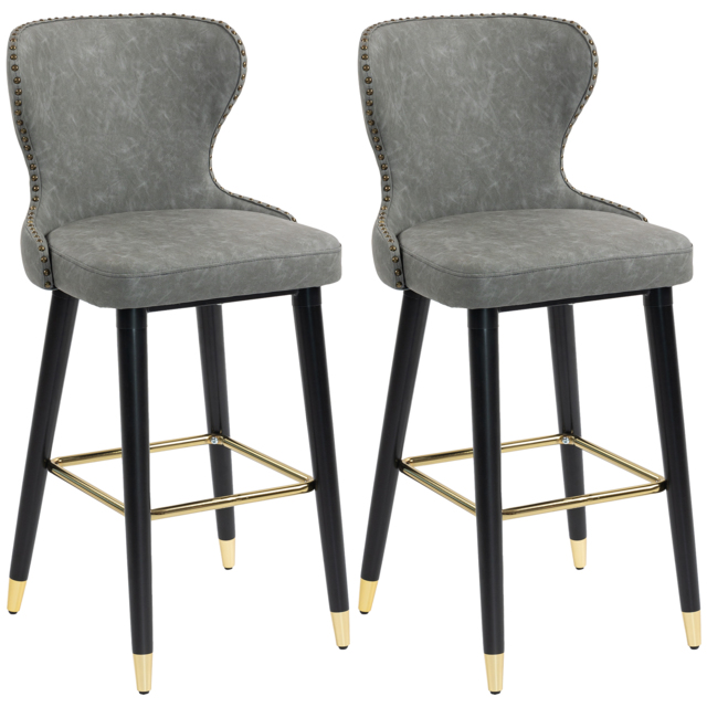 HOMCOM Bar Stools Set of 2, PU Leather Barstools with Back, Footrest and Wood Legs for Kitchen, Counter, Breakfast Bar, Grey - image 1