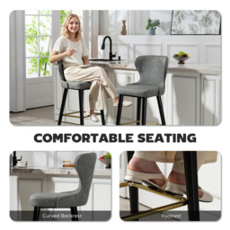 HOMCOM Bar Stools Set of 2, PU Leather Barstools with Back, Footrest and Wood Legs for Kitchen, Counter, Breakfast Bar, Grey - thumbnail 5