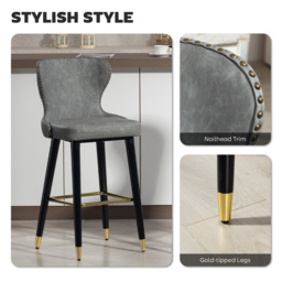 HOMCOM Bar Stools Set of 2, PU Leather Barstools with Back, Footrest and Wood Legs for Kitchen, Counter, Breakfast Bar, Grey - thumbnail 4