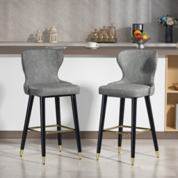 HOMCOM Bar Stools Set of 2, PU Leather Barstools with Back, Footrest and Wood Legs for Kitchen, Counter, Breakfast Bar, Grey - thumbnail 2
