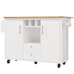 Kitchen Island with Adjustable Shelves, Folding Worktop, Wine Rack, Utility Cart with Towel and Spice Racks, 138L x 73W x 92H cm, White - Aosom UK - thumbnail 2