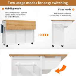 Kitchen Island with Adjustable Shelves, Folding Worktop, Wine Rack, Utility Cart with Towel and Spice Racks, 138L x 73W x 92H cm, White - Aosom UK - thumbnail 6