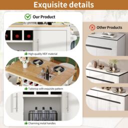 Kitchen Island with Adjustable Shelves, Folding Worktop, Wine Rack, Utility Cart with Towel and Spice Racks, 138L x 73W x 92H cm, White - Aosom UK - thumbnail 5