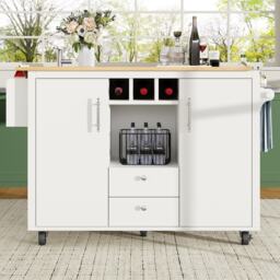 Kitchen Island with Adjustable Shelves, Folding Worktop, Wine Rack, Utility Cart with Towel and Spice Racks, 138L x 73W x 92H cm, White - Aosom UK