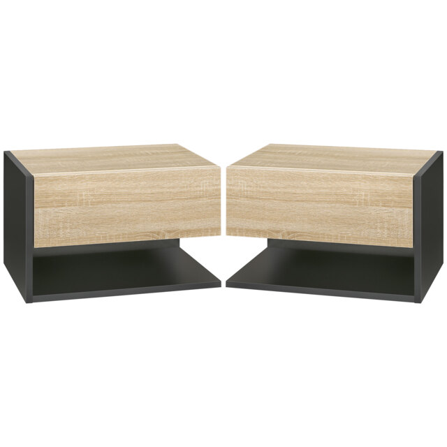 HOMCOM Floating Bedside Table Set of 2, Wall Mounted Bedside Cabinet with Drawer and Open Shelf, Modern Nightstand for Bedroom, 46 x 30 x 30 cm, Oak Tone - image 1