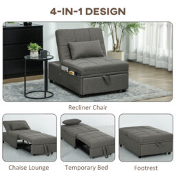 HOMCOM 4-in-1 Single Sofa Sleeper Chair with 3-position Adjustable Back Compact Guest Sofa Bed with Dual Side Storage Pockets - Dark Grey - Aosom UK - thumbnail 5