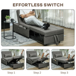 HOMCOM 4-in-1 Single Sofa Sleeper Chair with 3-position Adjustable Back Compact Guest Sofa Bed with Dual Side Storage Pockets - Dark Grey - Aosom UK - thumbnail 4