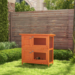 Pawhut Wooden Rabbit Hutch 2 Tiers Bunny House Rabbit Cage w/ Slide-Out Tray and Hinged Opening Roof Small Animal House for Indoor - Aosom UK - thumbnail 2