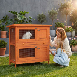 Pawhut Wooden Rabbit Hutch 2 Tiers Bunny House Rabbit Cage w/ Slide-Out Tray and Hinged Opening Roof Small Animal House for Indoor - Aosom UK - thumbnail 2