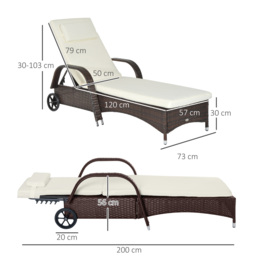 Outsunny Adjustable Rattan Sun Lounger Garden Recliner Bed Reclining Chair w/ Removable Headrest & Thickened Cushion, Brown - thumbnail 3