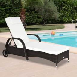 Outsunny Adjustable Rattan Sun Lounger Garden Recliner Bed Reclining Chair w/ Removable Headrest & Thickened Cushion, Brown - thumbnail 2