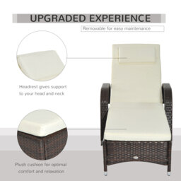 Outsunny Adjustable Rattan Sun Lounger Garden Recliner Bed Reclining Chair w/ Removable Headrest & Thickened Cushion, Brown - thumbnail 5