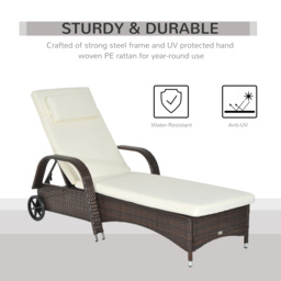 Outsunny Adjustable Rattan Sun Lounger Garden Recliner Bed Reclining Chair w/ Removable Headrest & Thickened Cushion, Brown - thumbnail 4