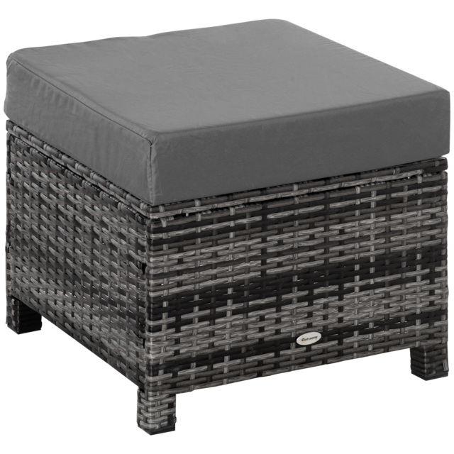 Outsunny Rattan Footstool Wicker Ottoman with Padded Seat Cushion Outdoor Patio Furniture for Backyard Garden Poolside Living Room 50x50x35cm Grey - image 1