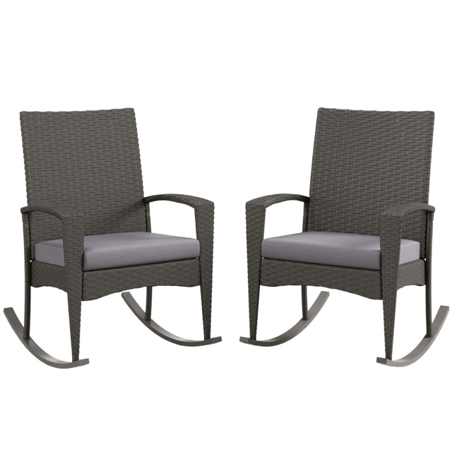 Outsunny Outdoor PE Rattan Rocking Chair Set of 2, Garden Rocking Chair Set with Armrest and Cushion, Grey - Aosom UK - image 1