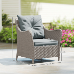 Outsunny Rattan Garden Chairs Set of 2, Outdoor Rattan Chairs with Cushions, Armrests and High Back, PE Wicker Garden Armchair with Steel Frame for Balcony, Porch, Light Grey - thumbnail 3