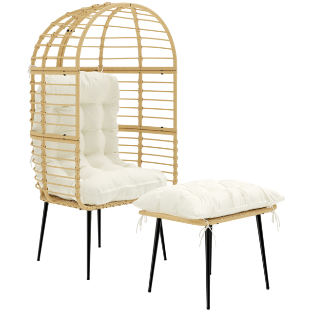 Outsunny Garden Egg Chair with Footstool, Rattan Indoor Outdoor Lounge Chair and Ottoman Set with Thick Cushions, Beige - image 1
