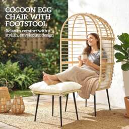 Outsunny Garden Egg Chair with Footstool, Rattan Indoor Outdoor Lounge Chair and Ottoman Set with Thick Cushions, Beige - thumbnail 4