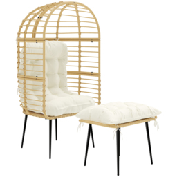 Outsunny Garden Egg Chair with Footstool, Rattan Indoor Outdoor Lounge Chair and Ottoman Set with Thick Cushions, Beige - thumbnail 1
