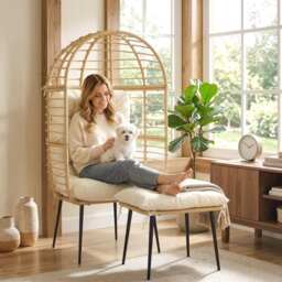 Outsunny Garden Egg Chair with Footstool, Rattan Indoor Outdoor Lounge Chair and Ottoman Set with Thick Cushions, Beige - thumbnail 9