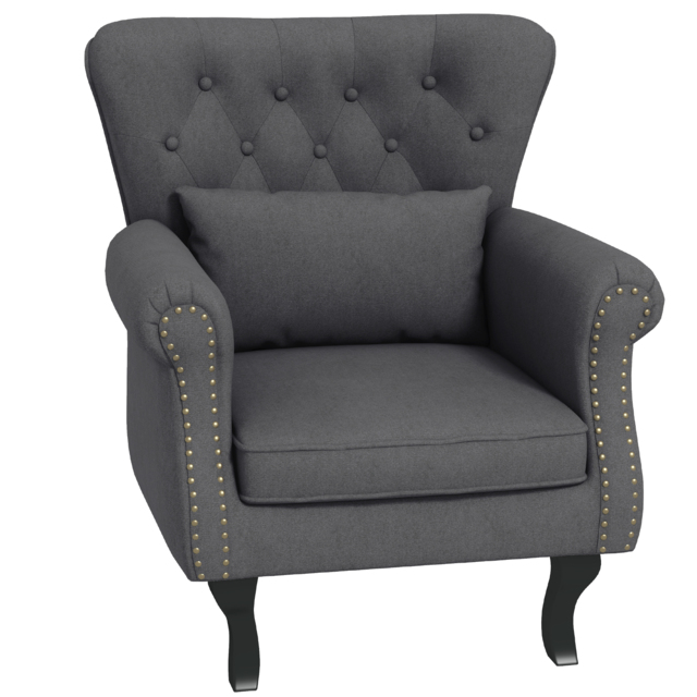 HOMCOM Chesterfield-style Accent Chair, Tufted Wingback Armchair with Pillow, Naihead Trim for Living Room, Bedroom, Cat Scratch Anti, Dark Grey - Aosom UK - image 1