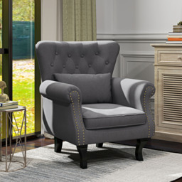 HOMCOM Chesterfield-style Accent Chair, Tufted Wingback Armchair with Pillow, Naihead Trim for Living Room, Bedroom, Cat Scratch Anti, Dark Grey - Aosom UK - thumbnail 8